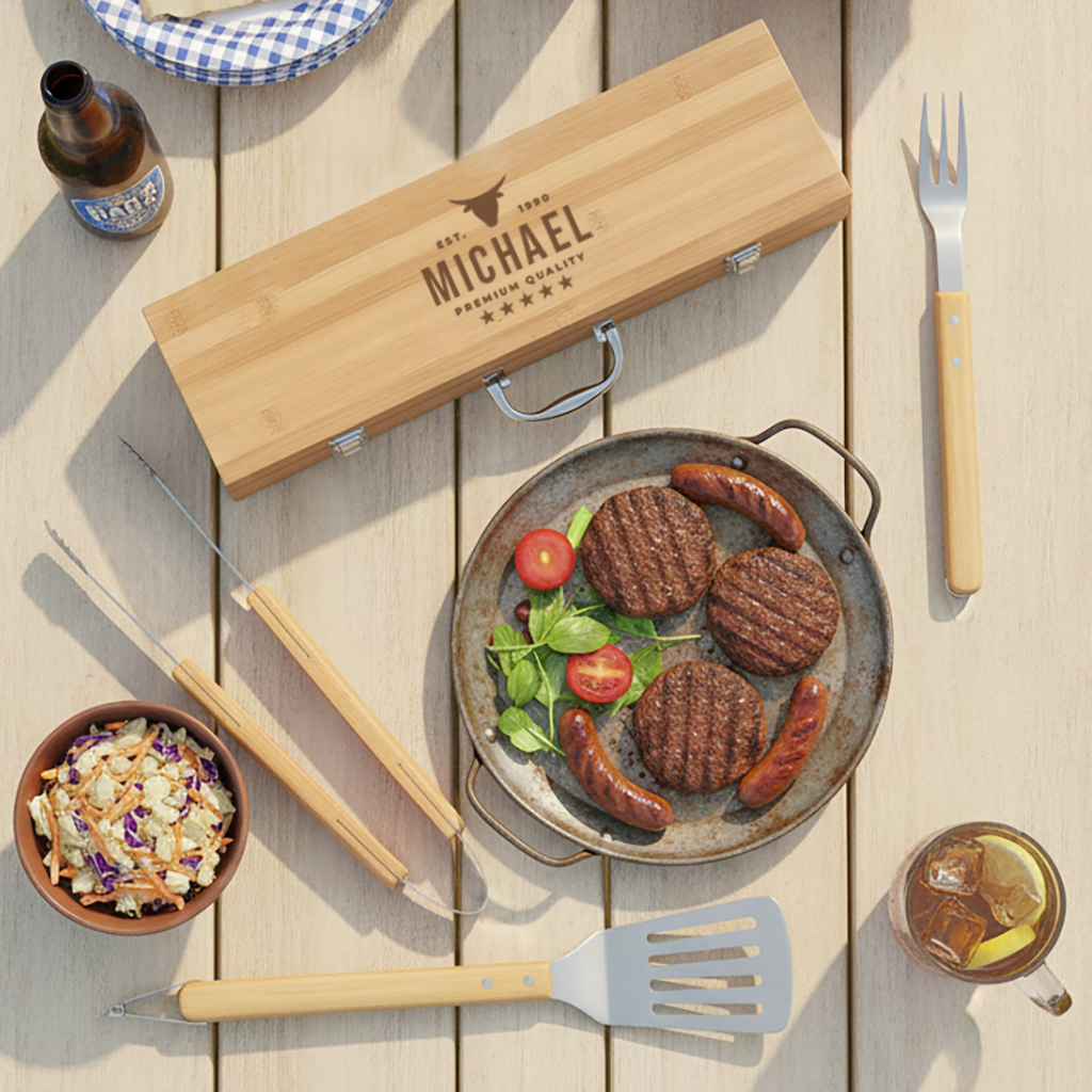 BBQ 3-Piece Gift Set - Engraved Bamboo Case Father's Day Gift for Dad