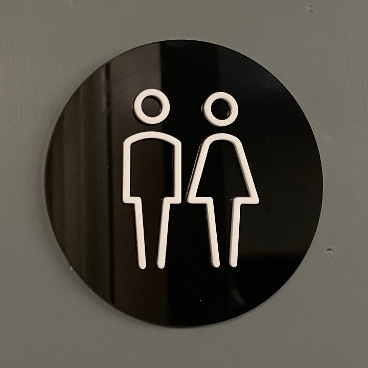 Bathroom Sign Black background with white icons