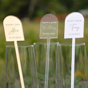 Birthday Arch Drink Stirrers samples in gold acrylic, clear acrylic, and silver acrylic materials