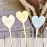 Birthday Heart Drink Stirrers sample showing rose gold, gold, and silver