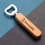 Wooden bottle opener with 'Personify' branding on a two-tone background