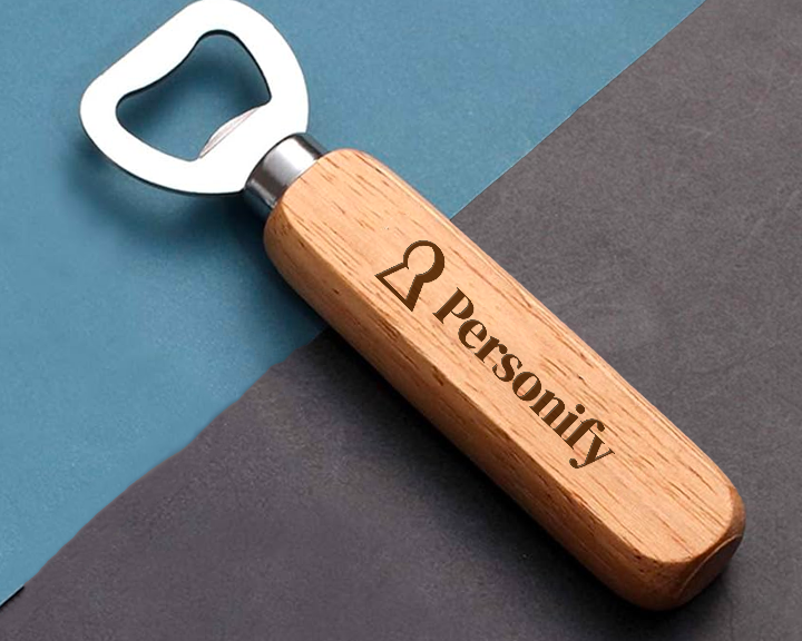 Wooden bottle opener with 'Personify' branding on a two-tone background