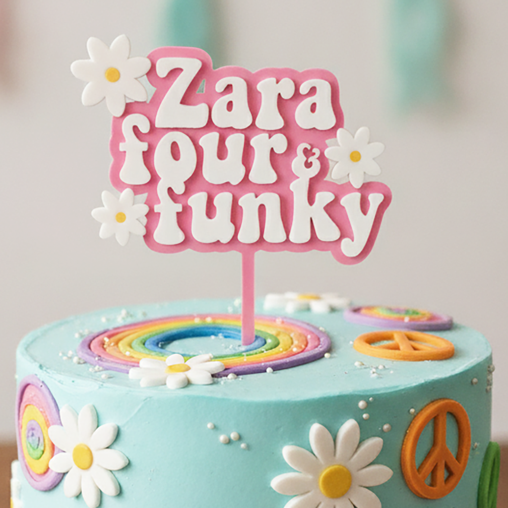 70s Hippie Floral Acrylic Cake Topper (Any Name & Age)