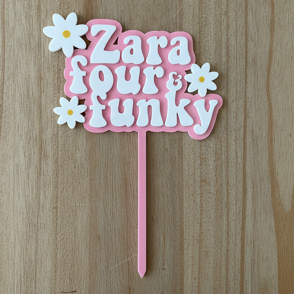 70s Hippie Floral Acrylic Cake Topper (Any Name & Age)