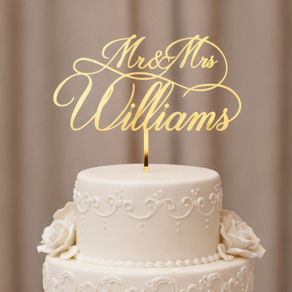 Mr & Mrs Acrylic Cake Topper for Wedding, Engagement & Anniversary (Personalised with Surname)