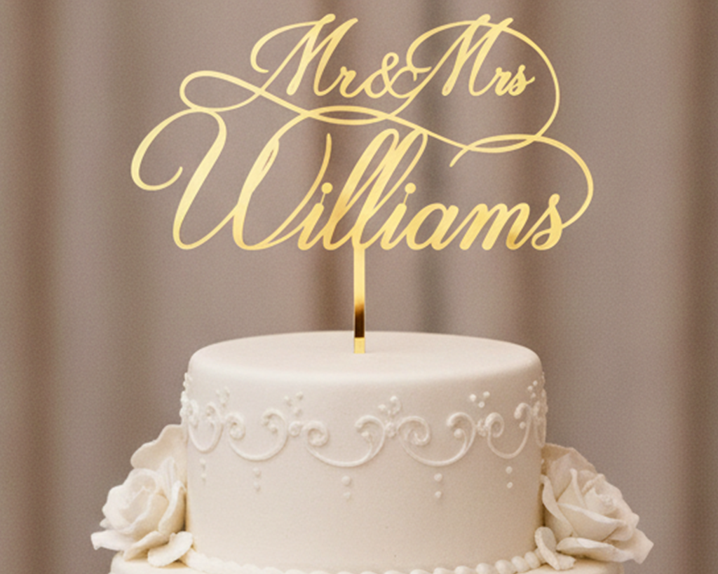 Mr & Mrs Acrylic Cake Topper for Wedding, Engagement & Anniversary (Personalised with Surname)