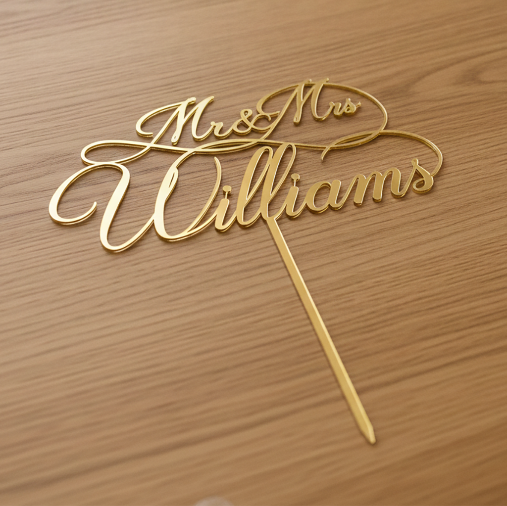 Mr & Mrs Acrylic Cake Topper for Wedding, Engagement & Anniversary (Personalised with Surname)
