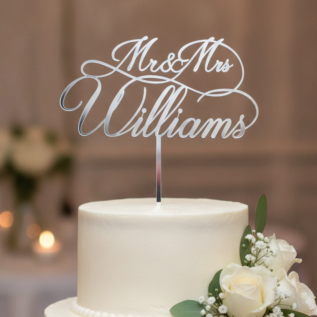 Mr & Mrs Acrylic Cake Topper for Wedding, Engagement & Anniversary (Personalised with Surname)