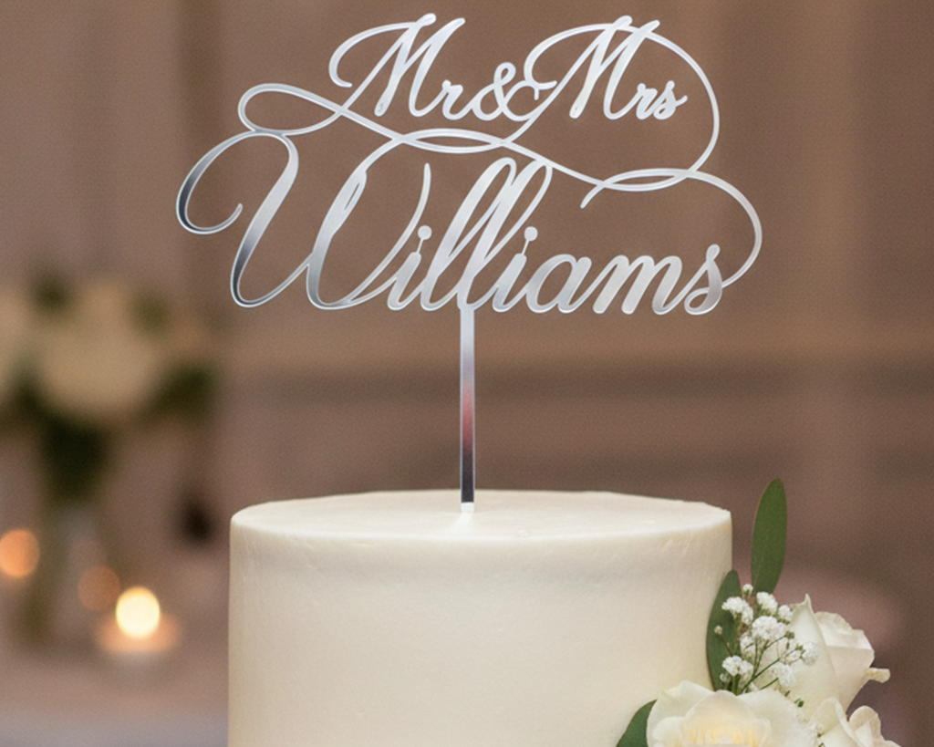 Mr & Mrs Acrylic Cake Topper for Wedding, Engagement & Anniversary (Personalised with Surname)