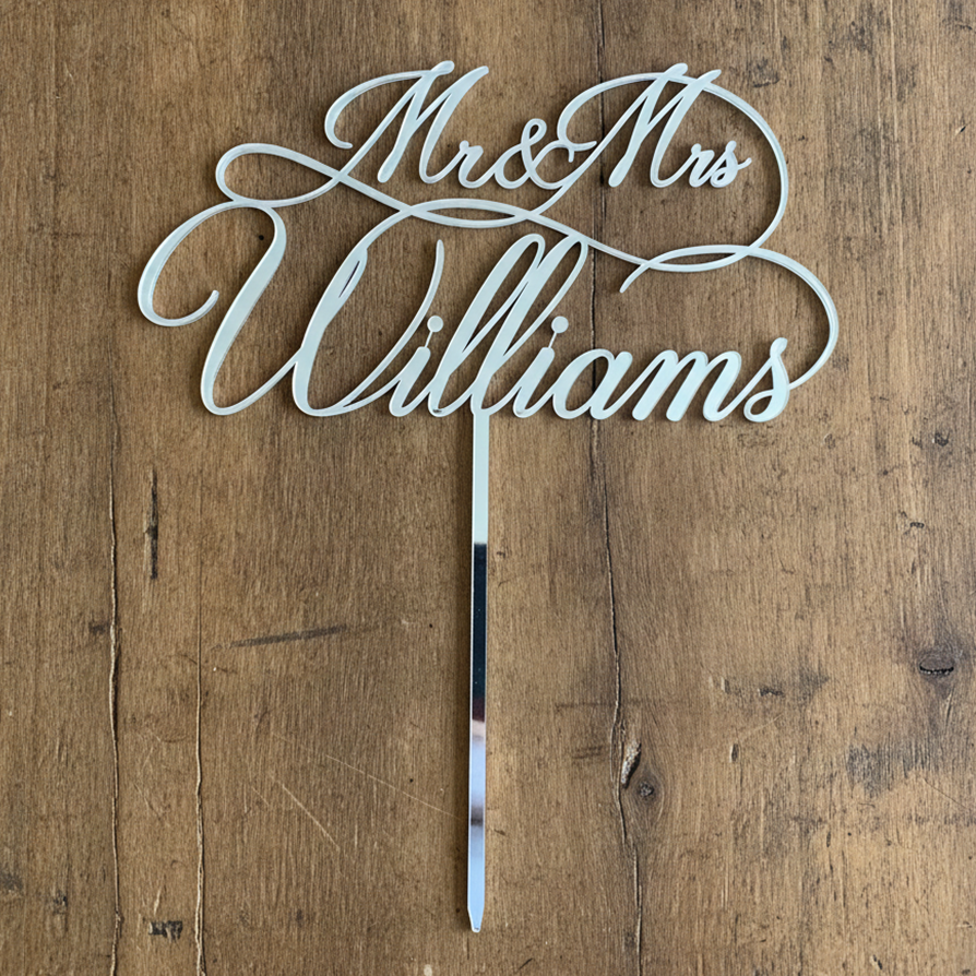 Mr & Mrs Acrylic Cake Topper for Wedding, Engagement & Anniversary (Personalised with Surname)