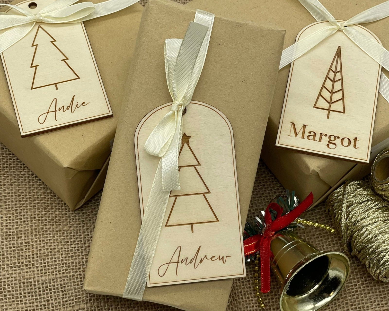 Christmas Tree Gift Tags (Set of 3) sample top view with presents and bell