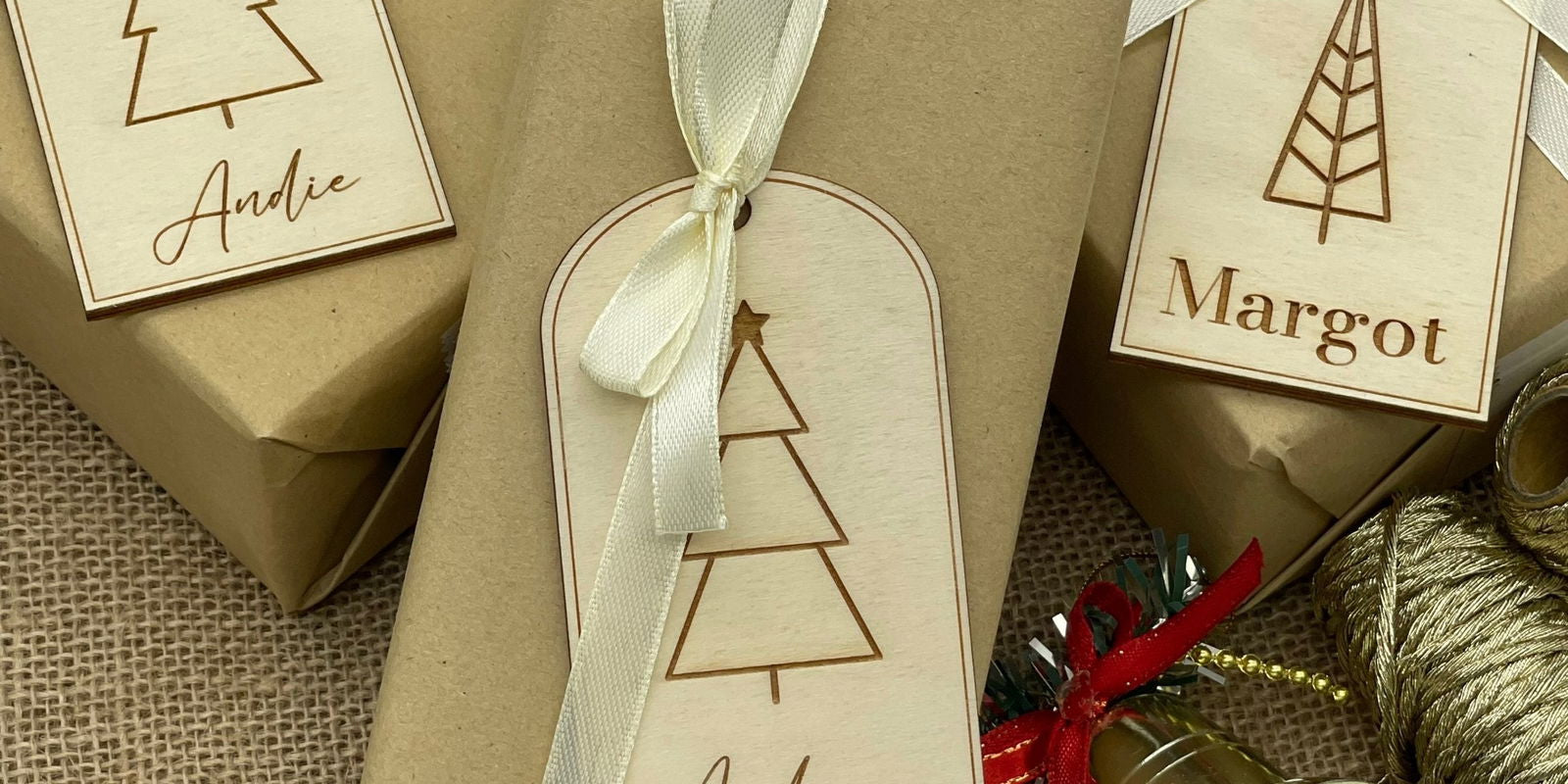 Christmas Tree Gift Tags (Set of 3) sample top view with presents and bell