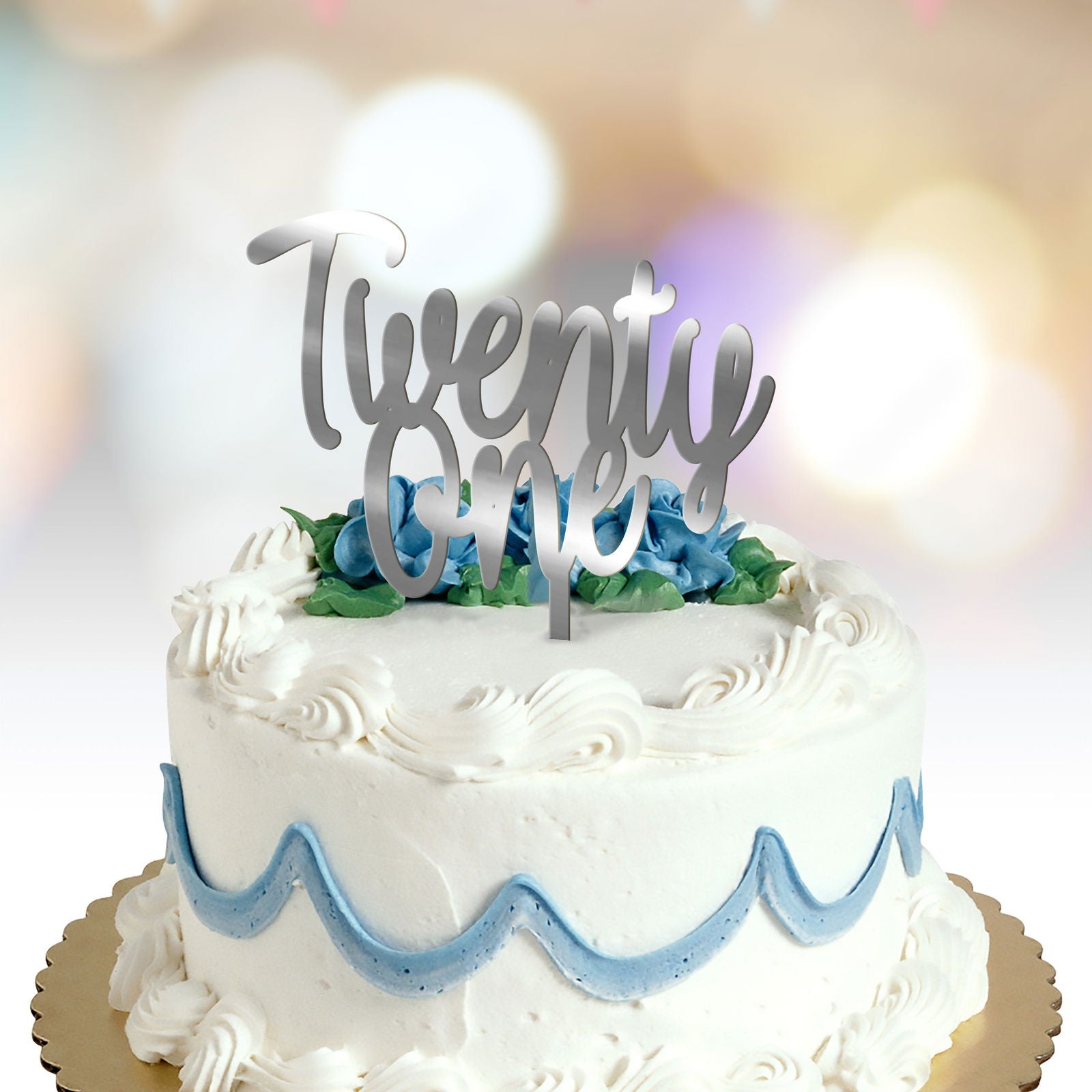 Happy Birthday Cake Topper age in words option silver