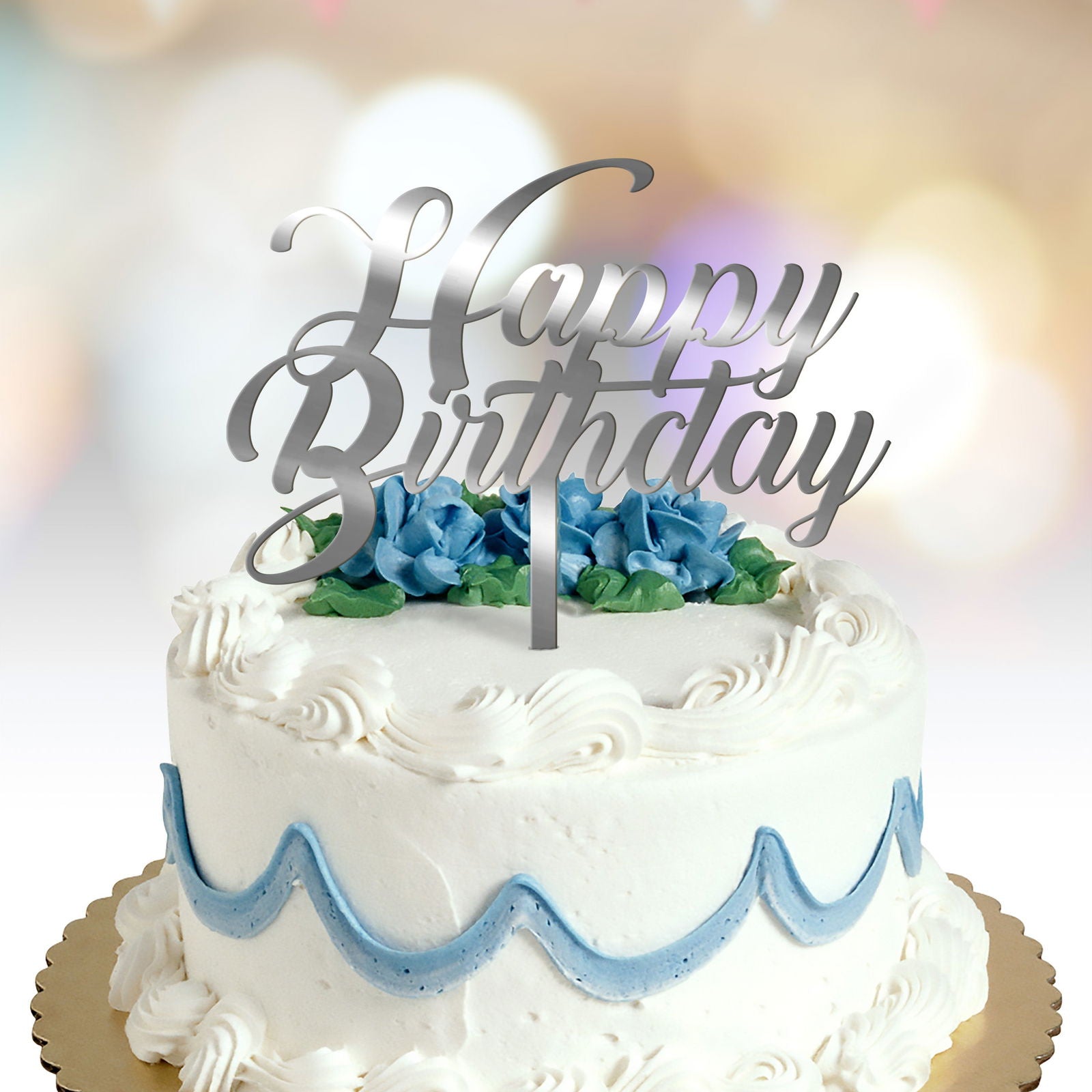 Happy Birthday Cake Topper text font 1 option silver