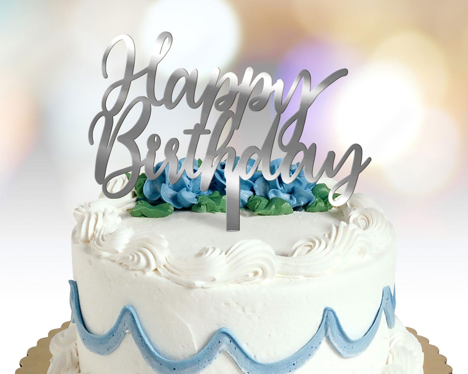 Happy Birthday Cake Topper text font 2 option silver