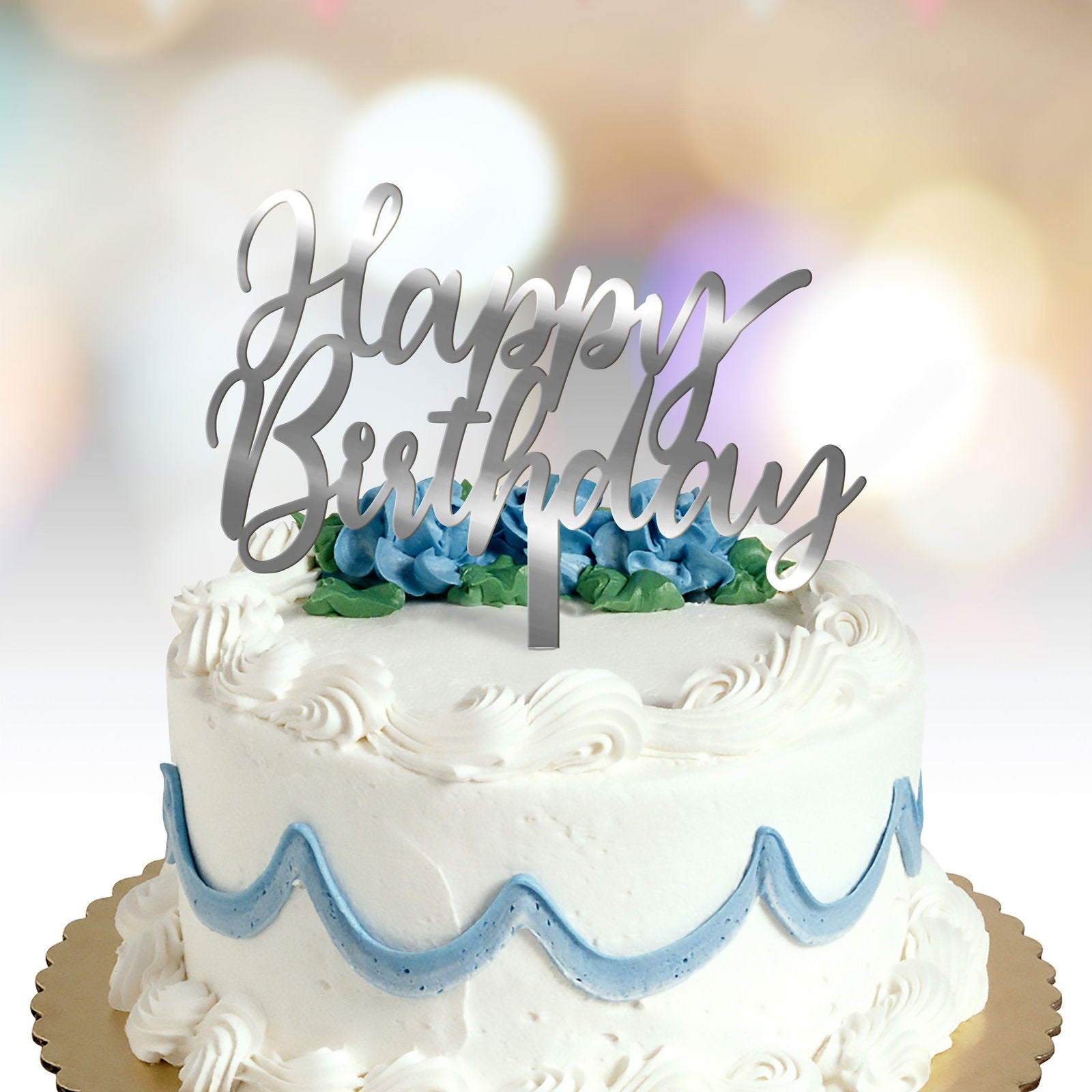 Happy Birthday Cake Topper text font 2 option silver