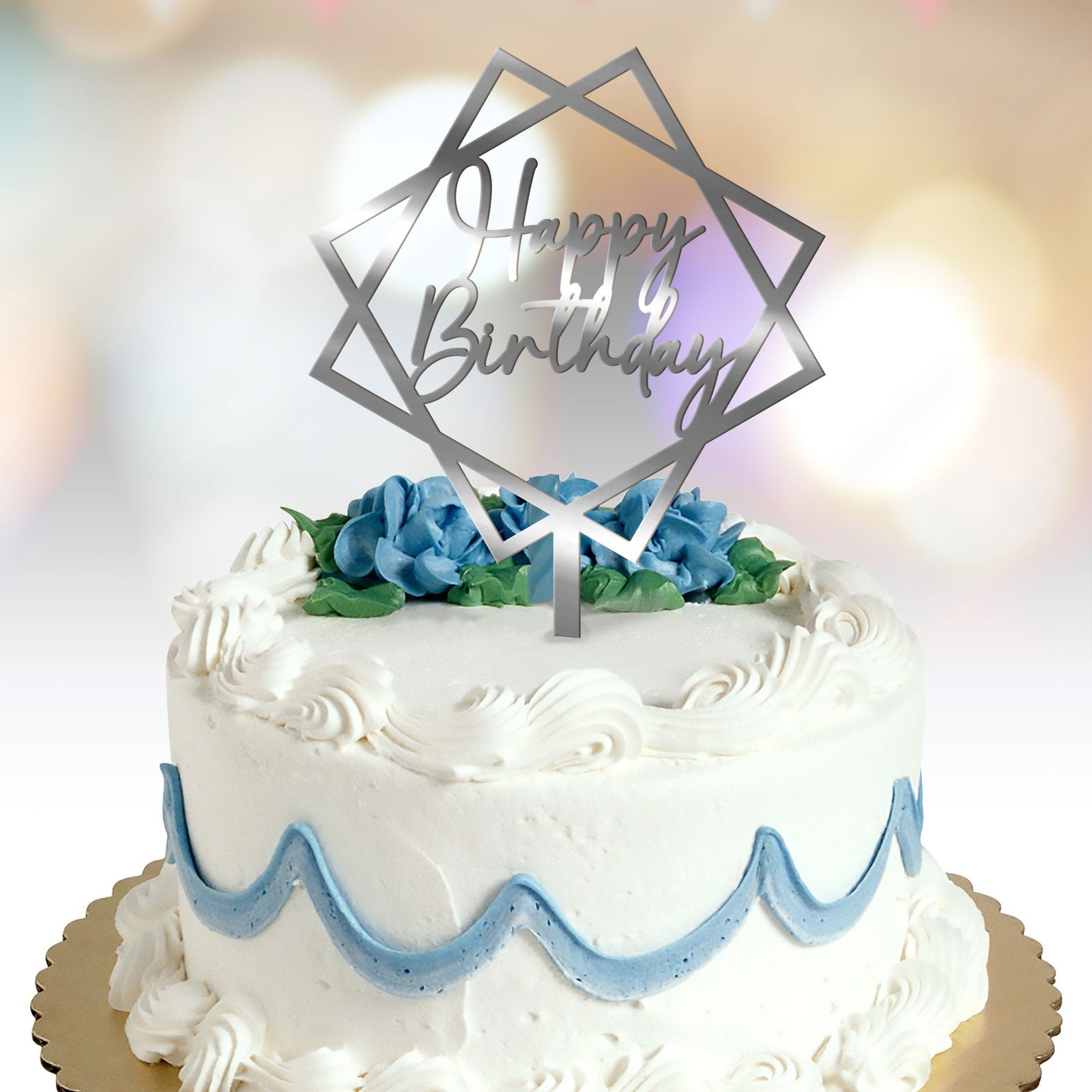 Happy Birthday Cake Topper  with squares option silver