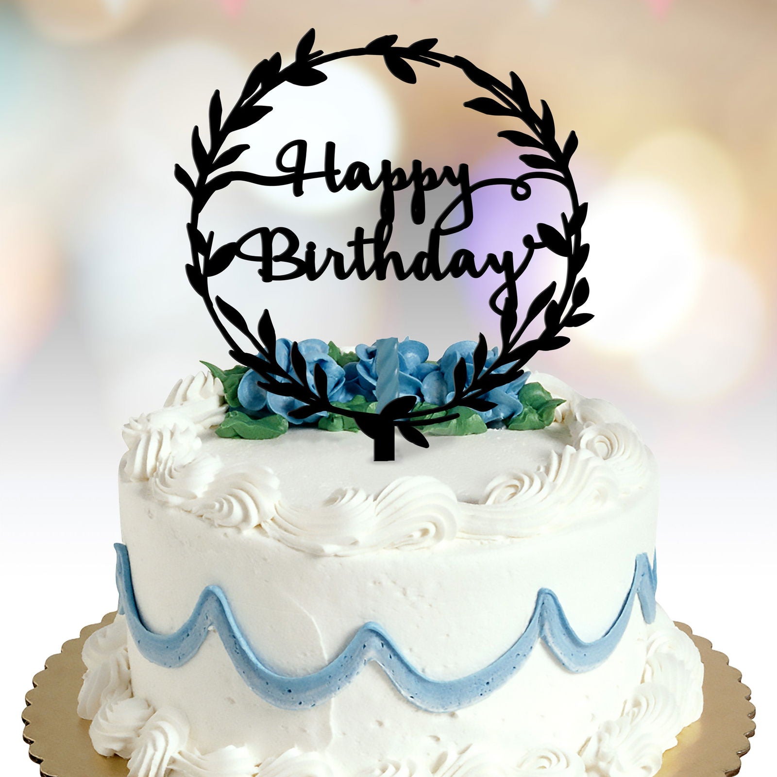 Happy Birthday Cake Topper  with wreath option black