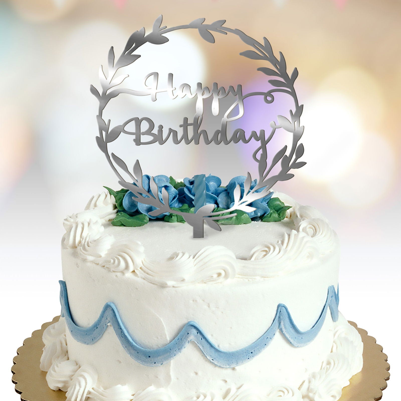 Happy Birthday Cake Topper with wreath option silver