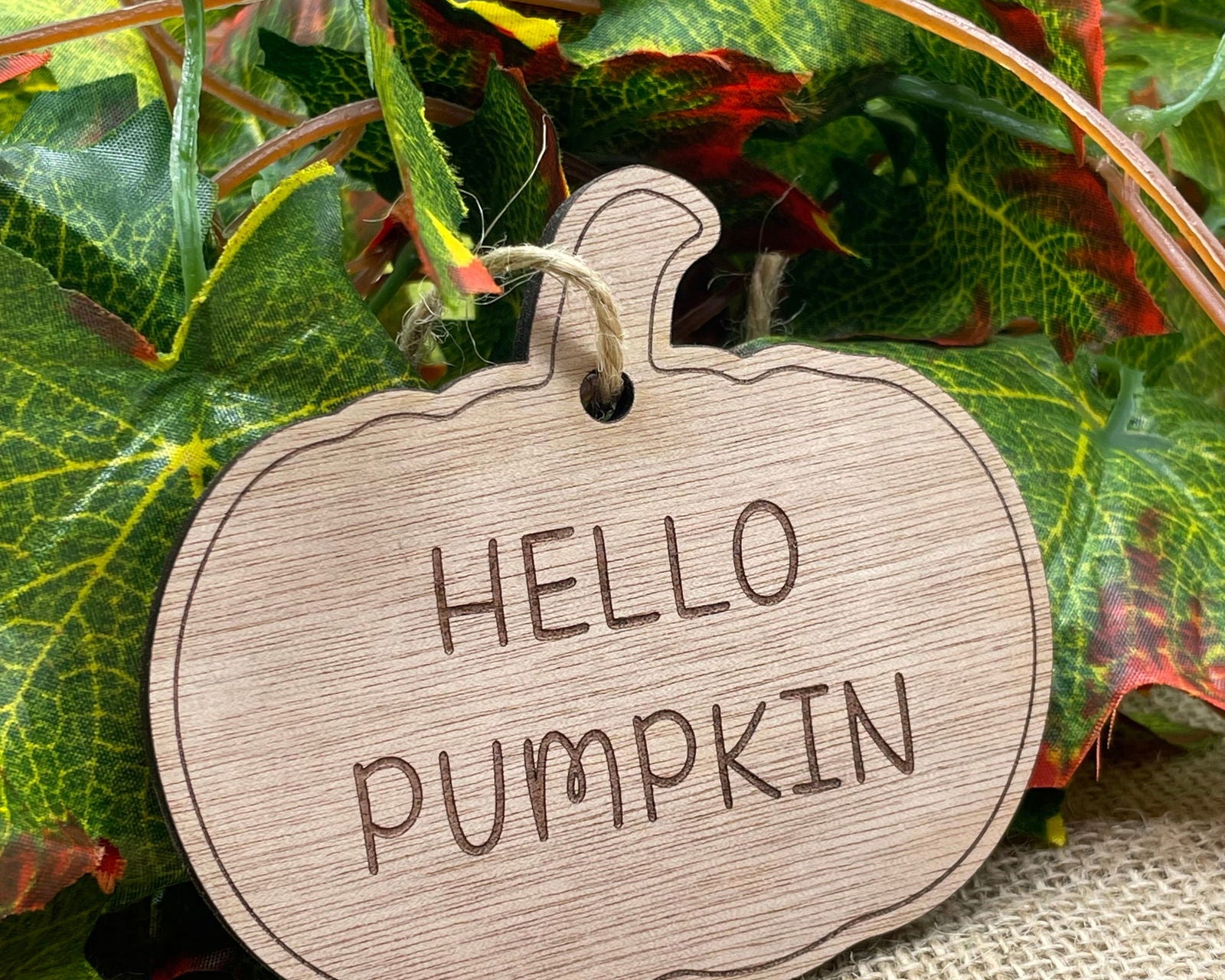 Hello Pumpkin Wood Bauble sample on wood