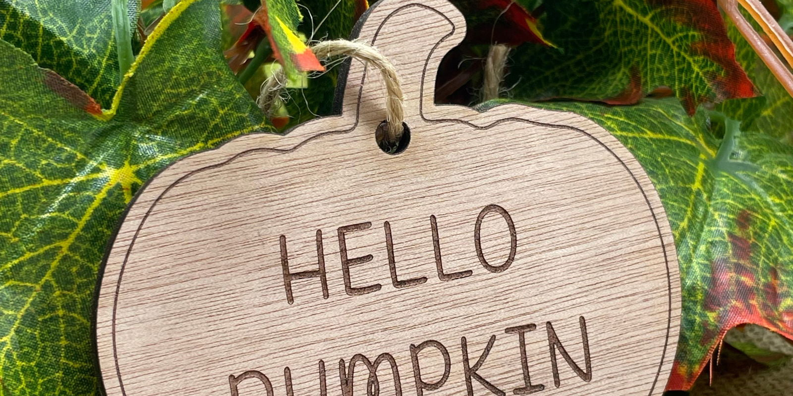 Hello Pumpkin Wood Bauble sample on wood