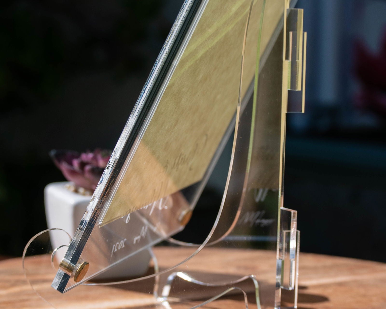 His & Hers Picture Frame sample on top of table close-up of stand