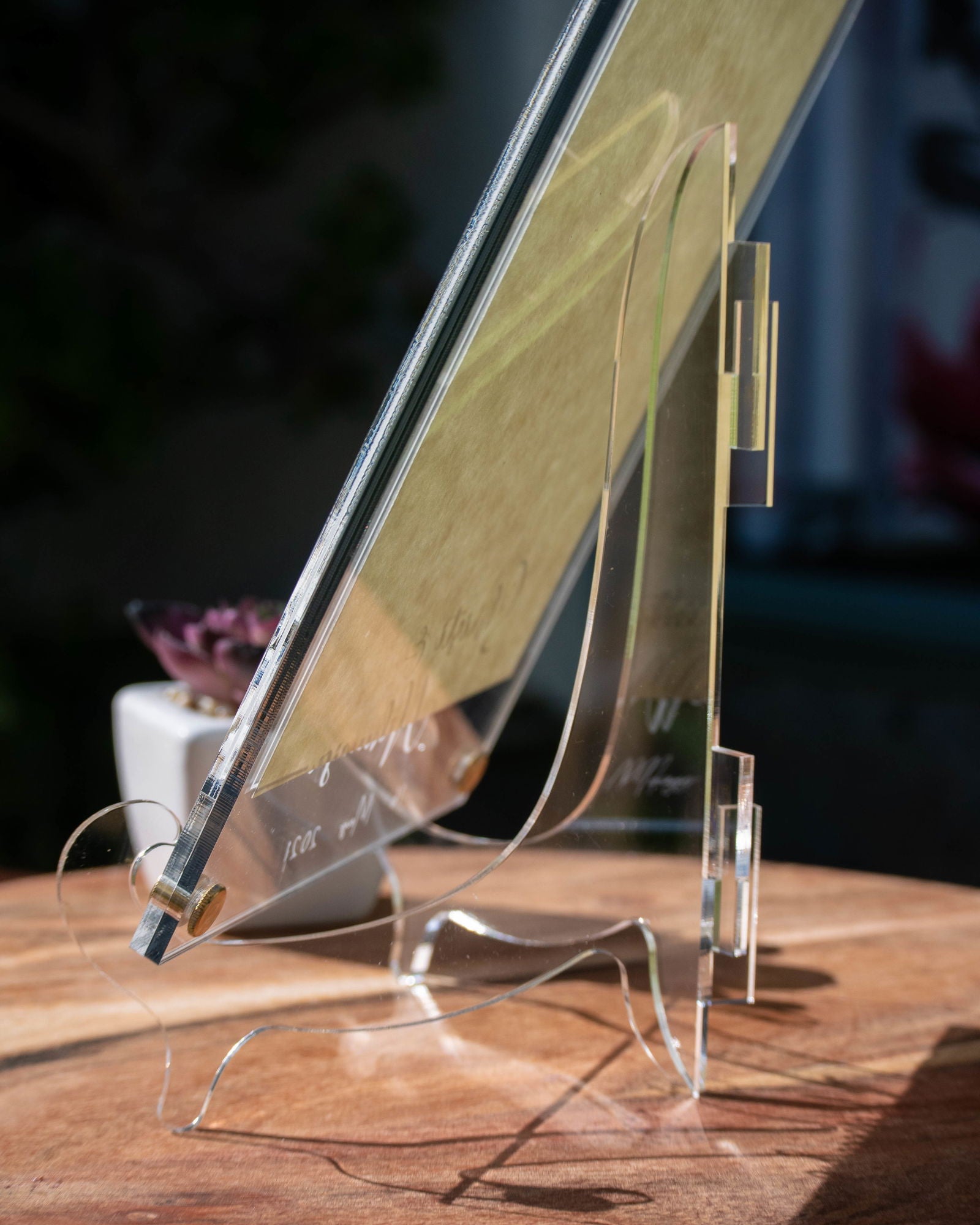 His & Hers Picture Frame sample on top of table close-up of stand