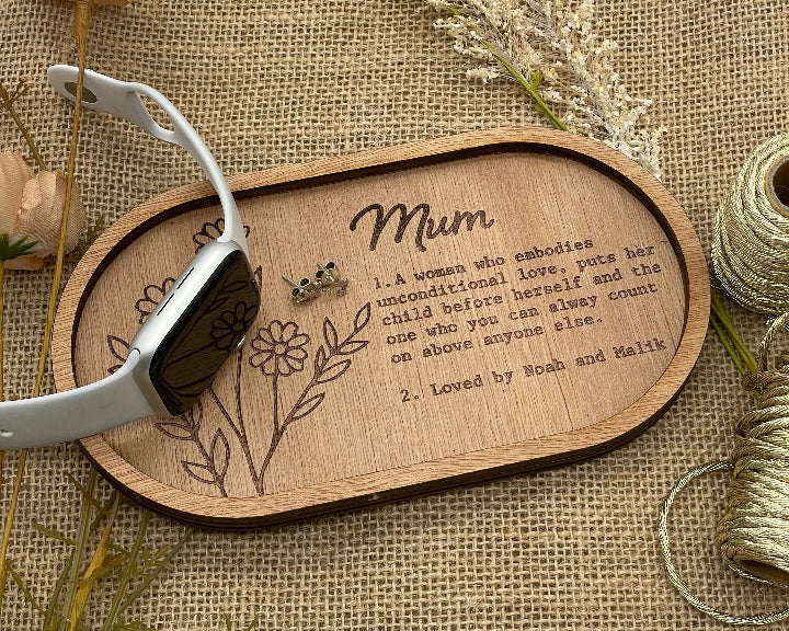 Mum Wooden Trinket Tray with earings and watch