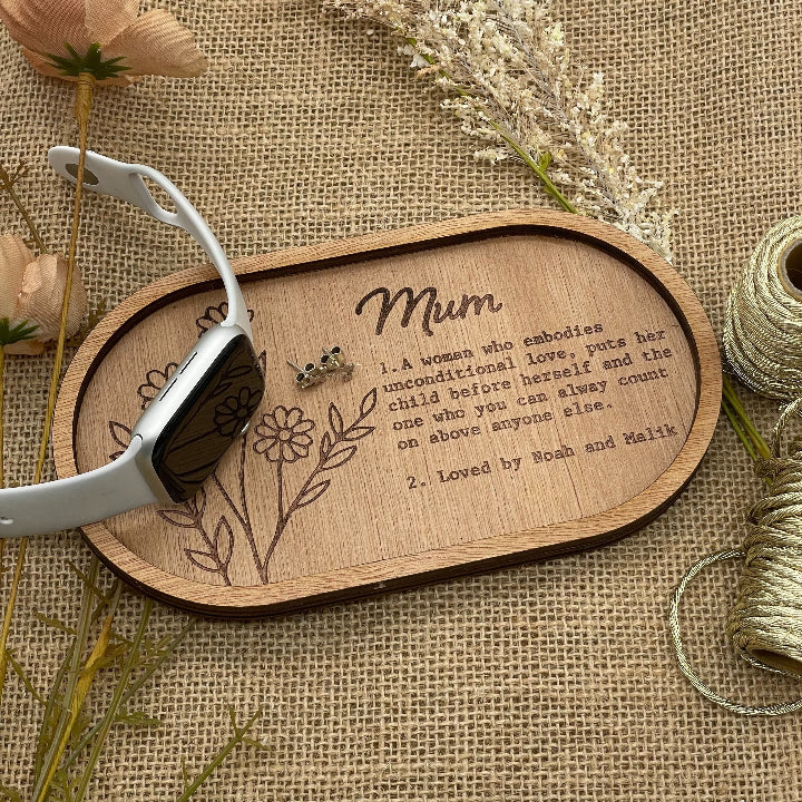 Mum Wooden Trinket Tray with earings and watch