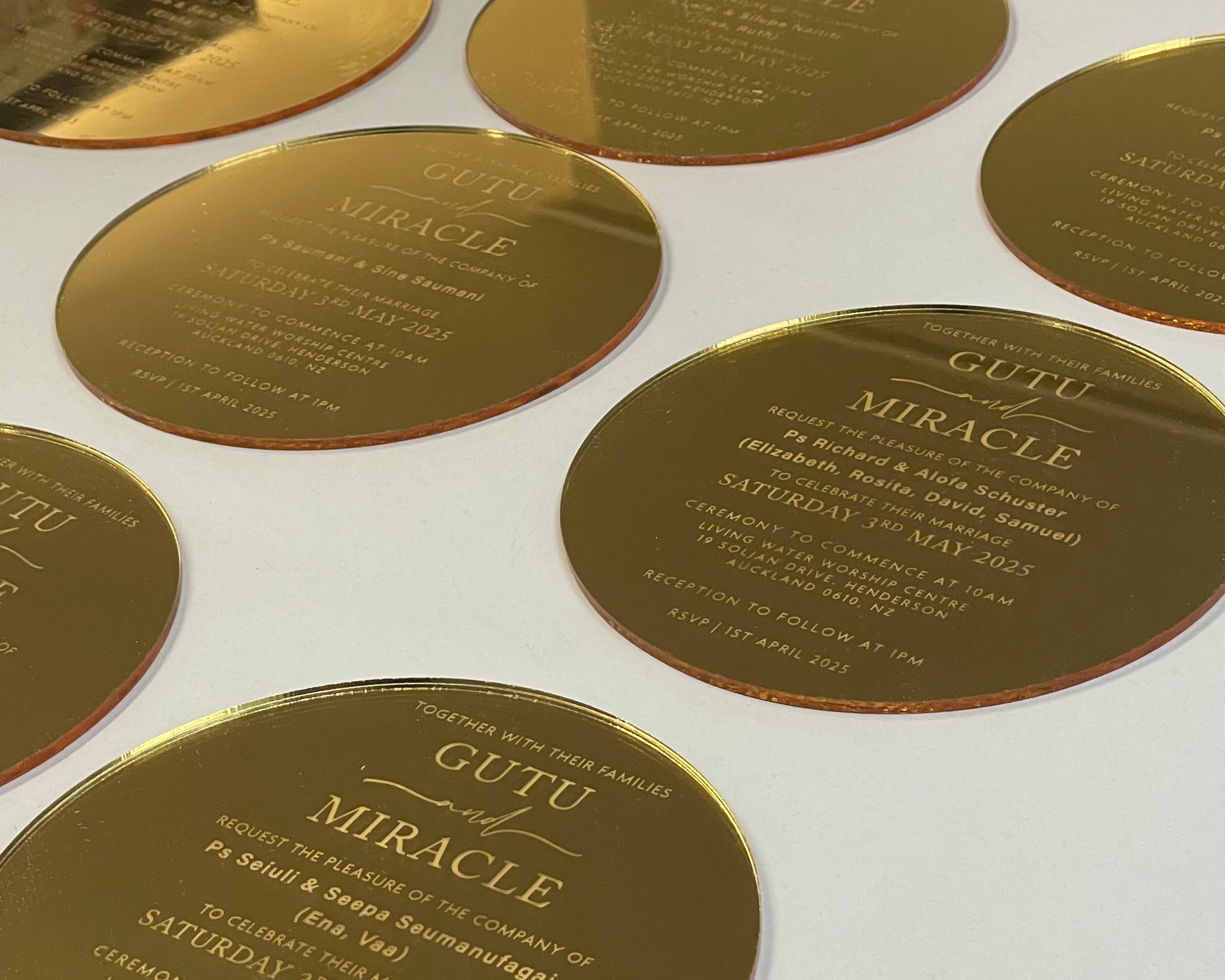 Round Gold Mirror Acrylic Wedding Invitations Layout