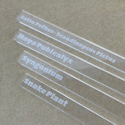 Samples of clear acrylic plant marker with engraving