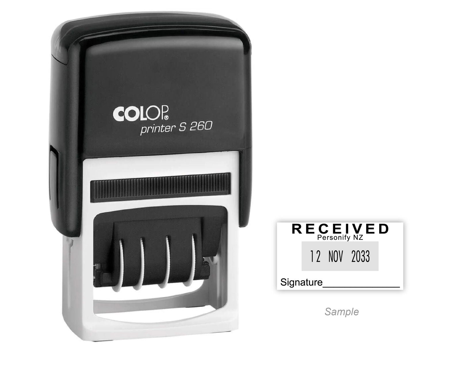 Self-Inking Rubber Stamp - Colop S260 Dater with sample impression