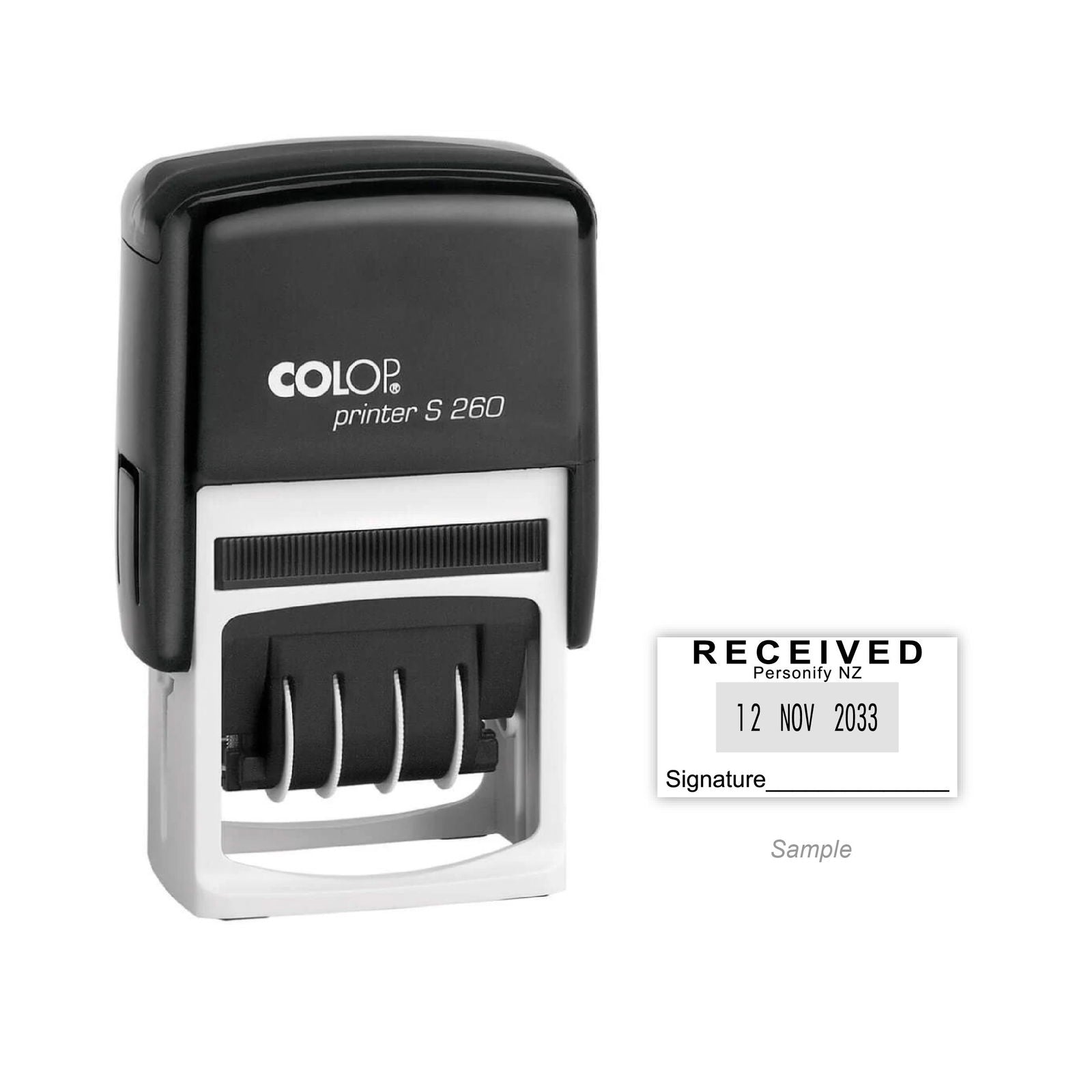 Self-Inking Rubber Stamp - Colop S260 Dater with sample impression