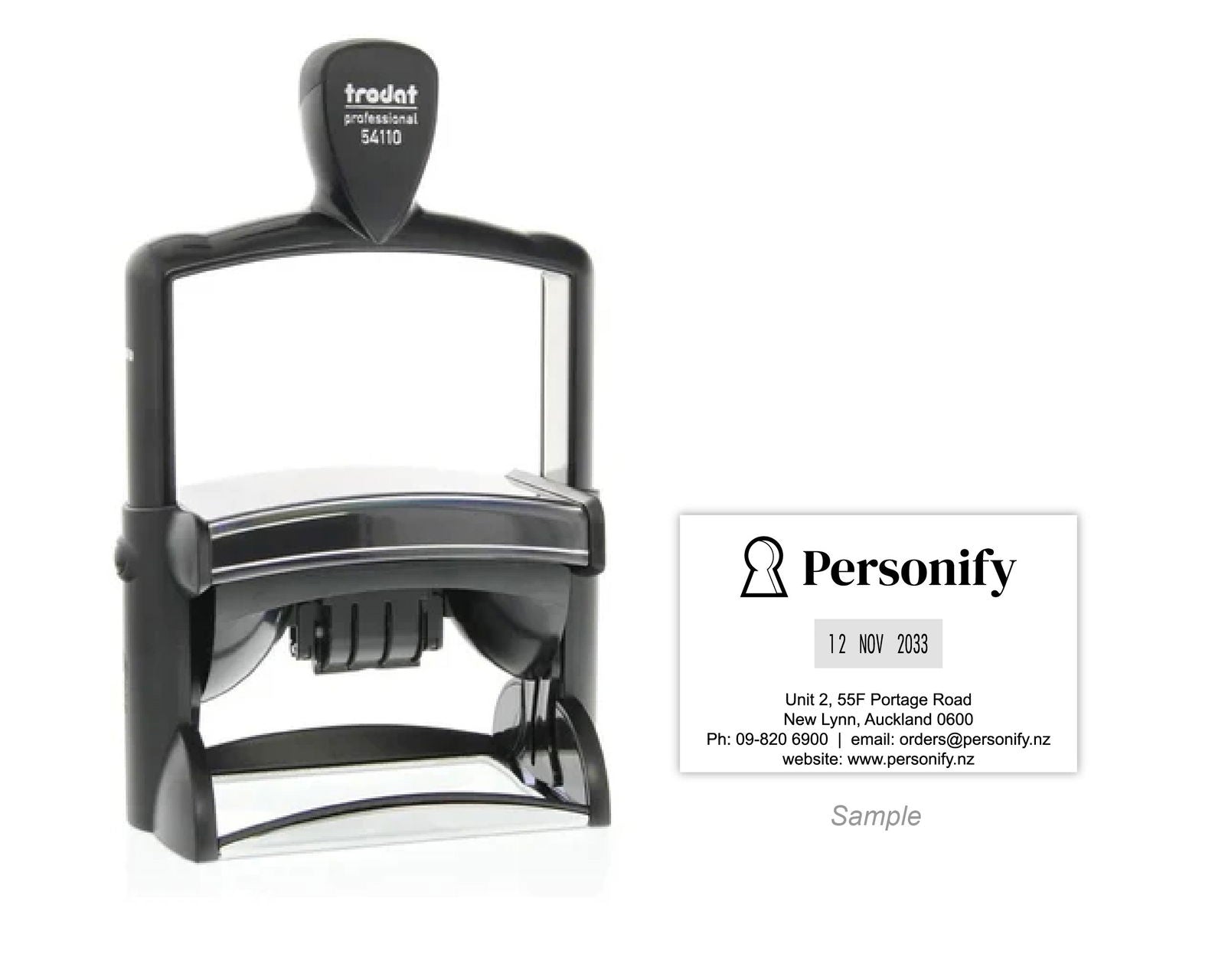 Self-Inking Rubber Stamp - Trodat 54110 Dater with sample impression