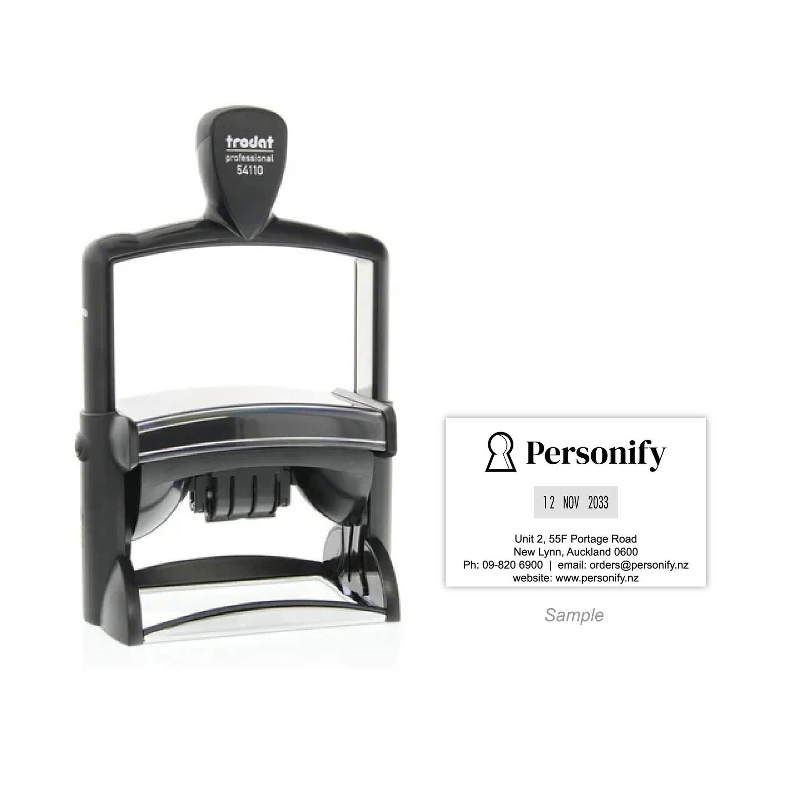 Self-Inking Rubber Stamp - Trodat 54110 Dater with sample impression