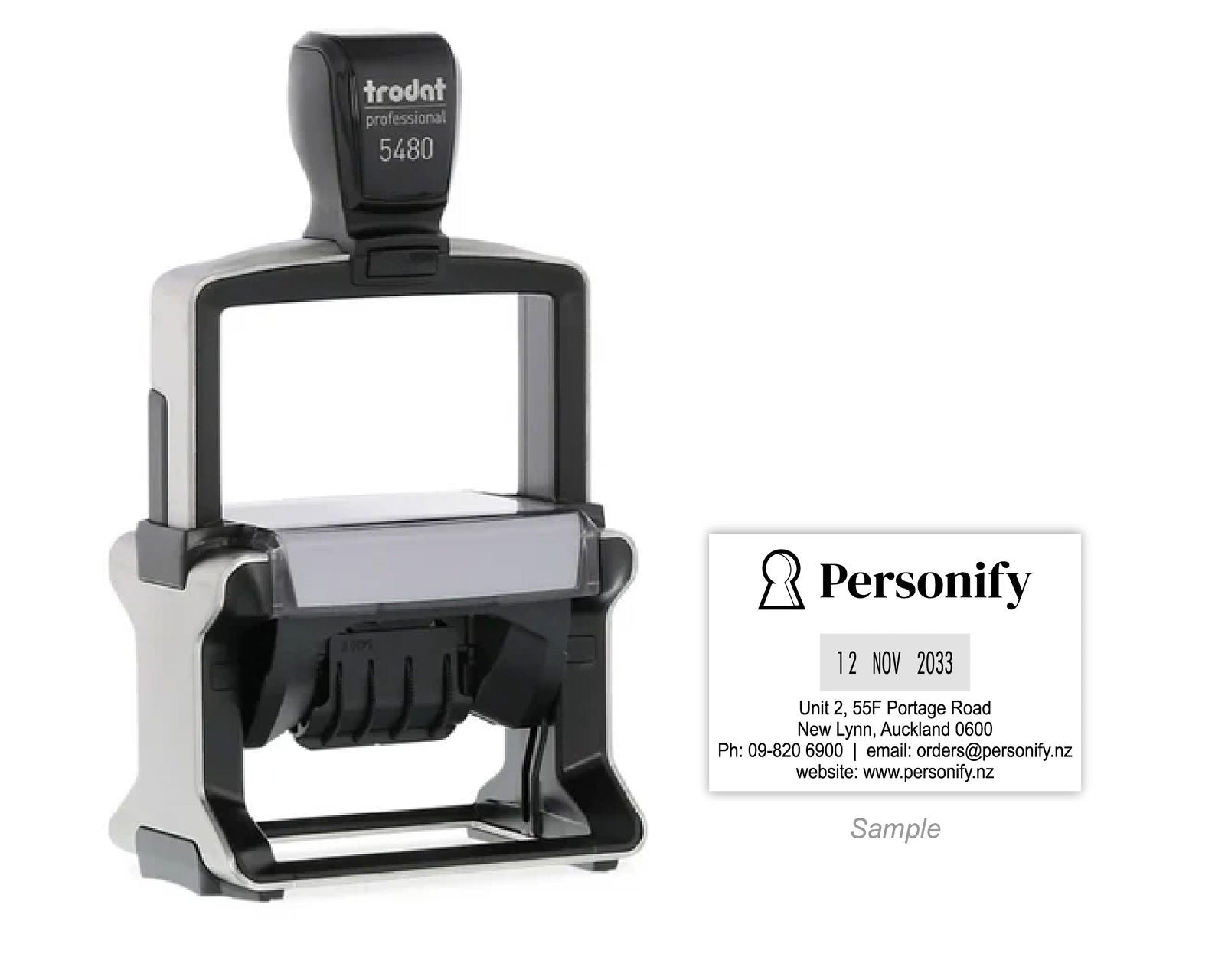 Self-Inking Rubber Stamp - Trodat 5480 Dater with sample impression