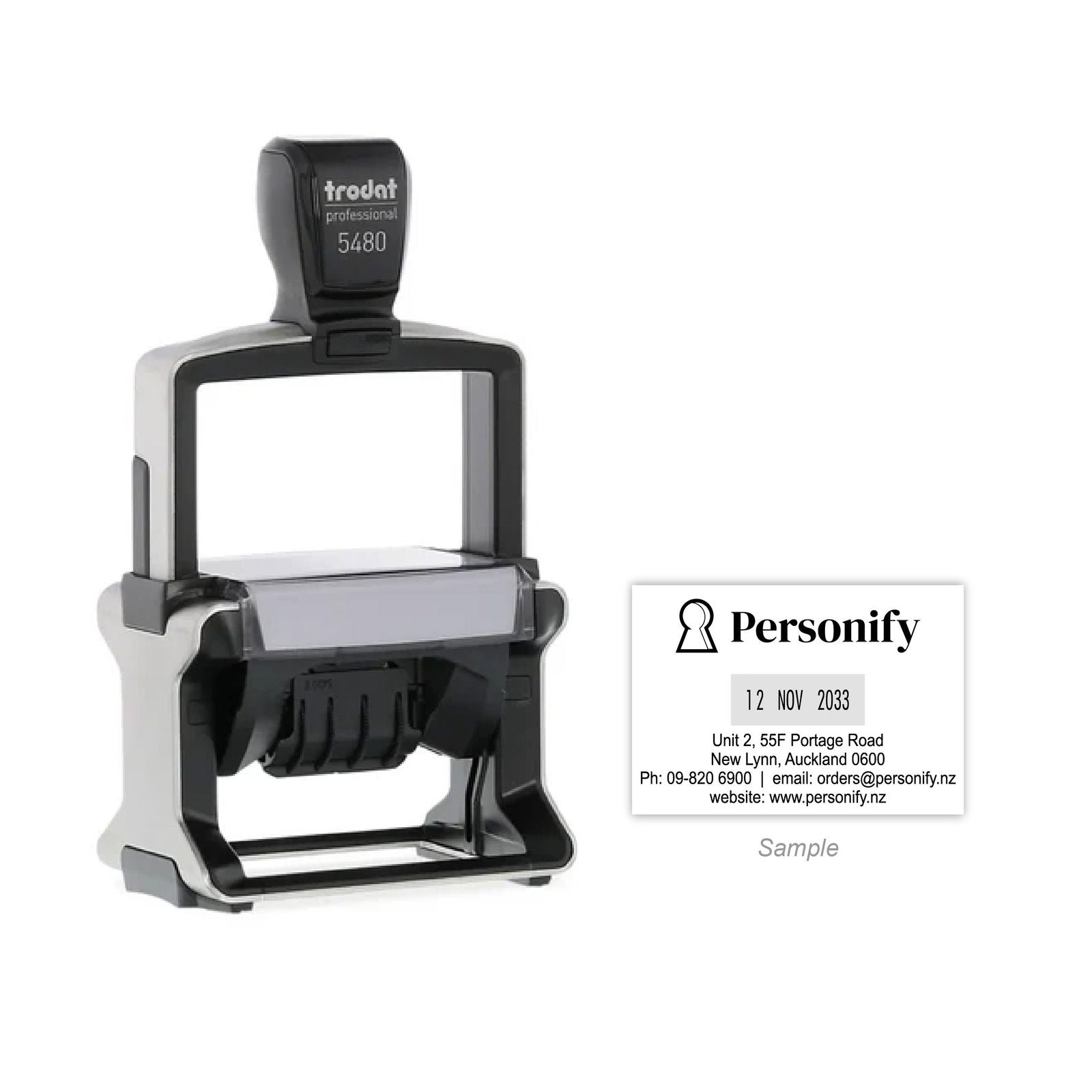 Self-Inking Rubber Stamp - Trodat 5480 Dater with sample impression