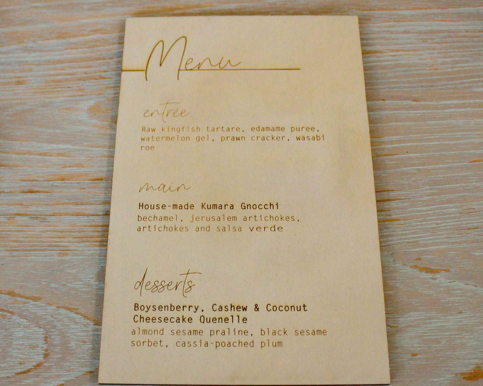 Three Course Menu sample on wood