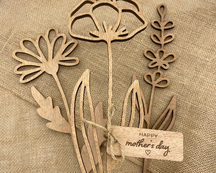Three designs Wooden Flower with Mothers Day Tag 