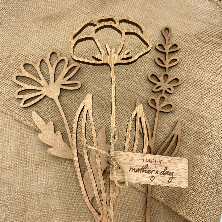 Three designs Wooden Flower with Mothers Day Tag 