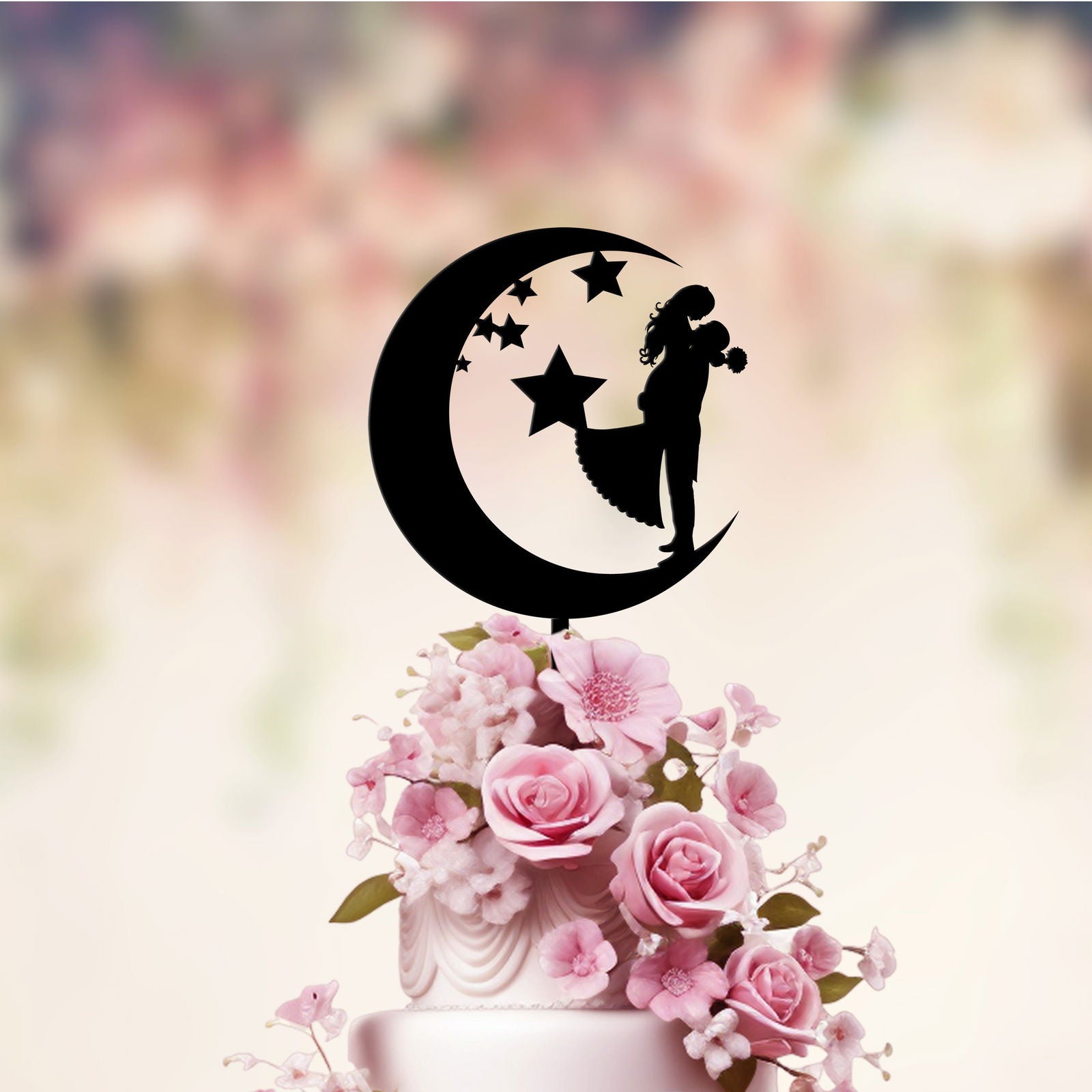 Wedding Cake Topper with moon & stars black