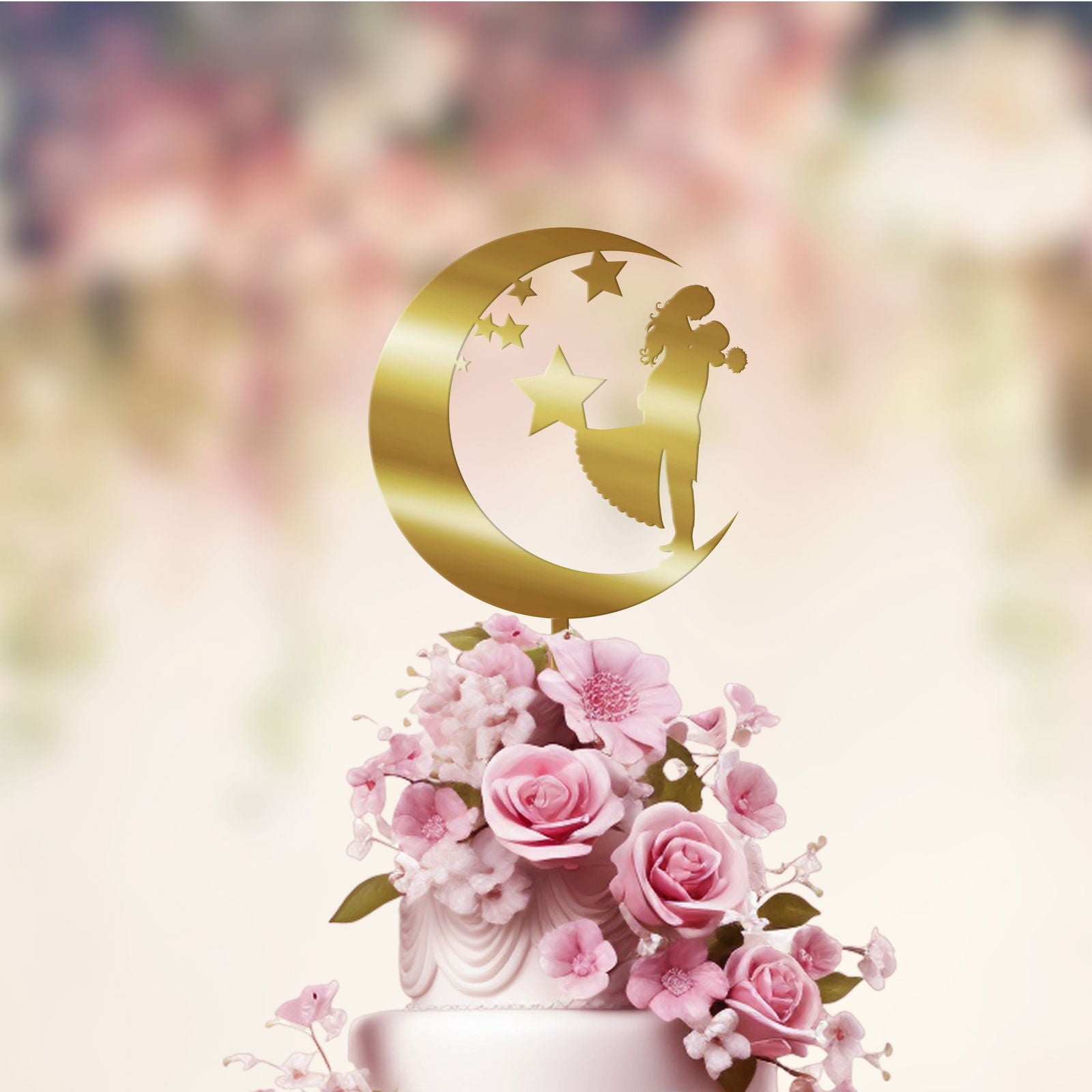 Wedding Cake Topper with moon & stars gold