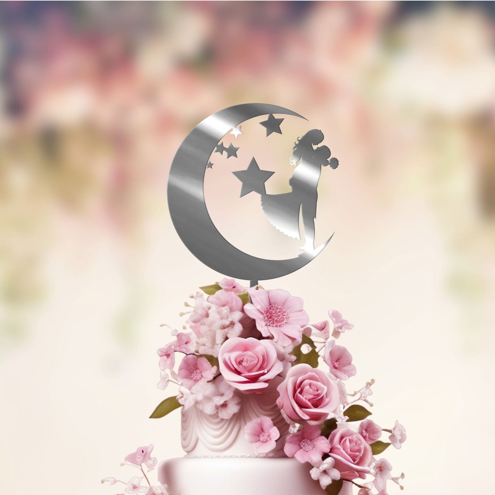 Wedding Cake Topper with moon & stars silver