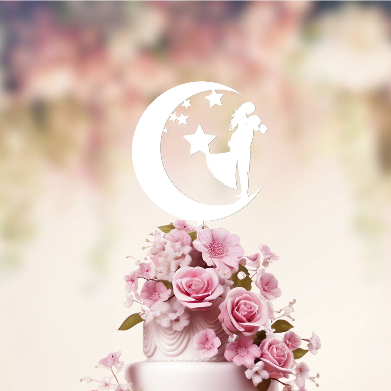 Wedding Cake Topper with moon & stars white
