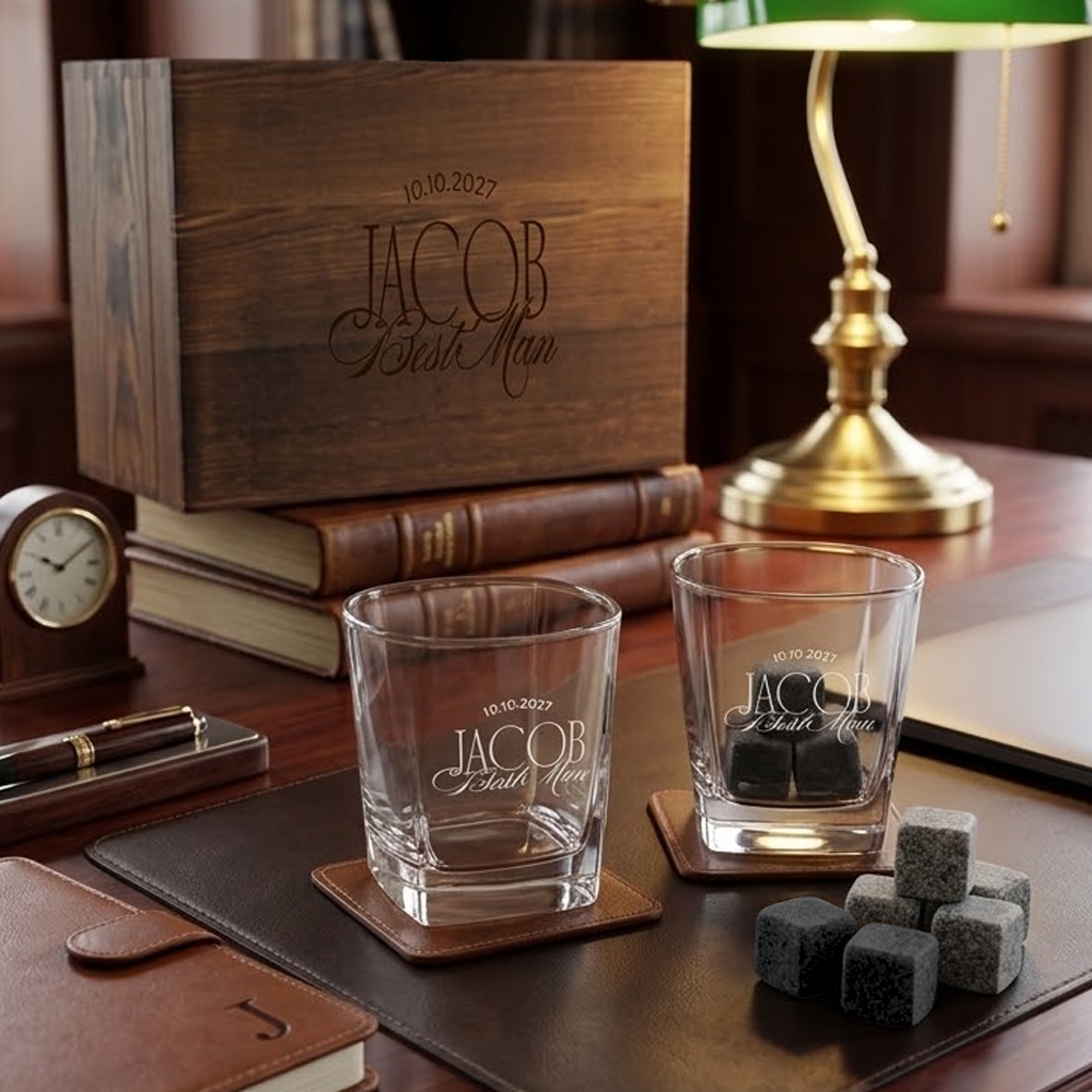 Engraved Whiskey Glass & Whiskey Stones Box Set