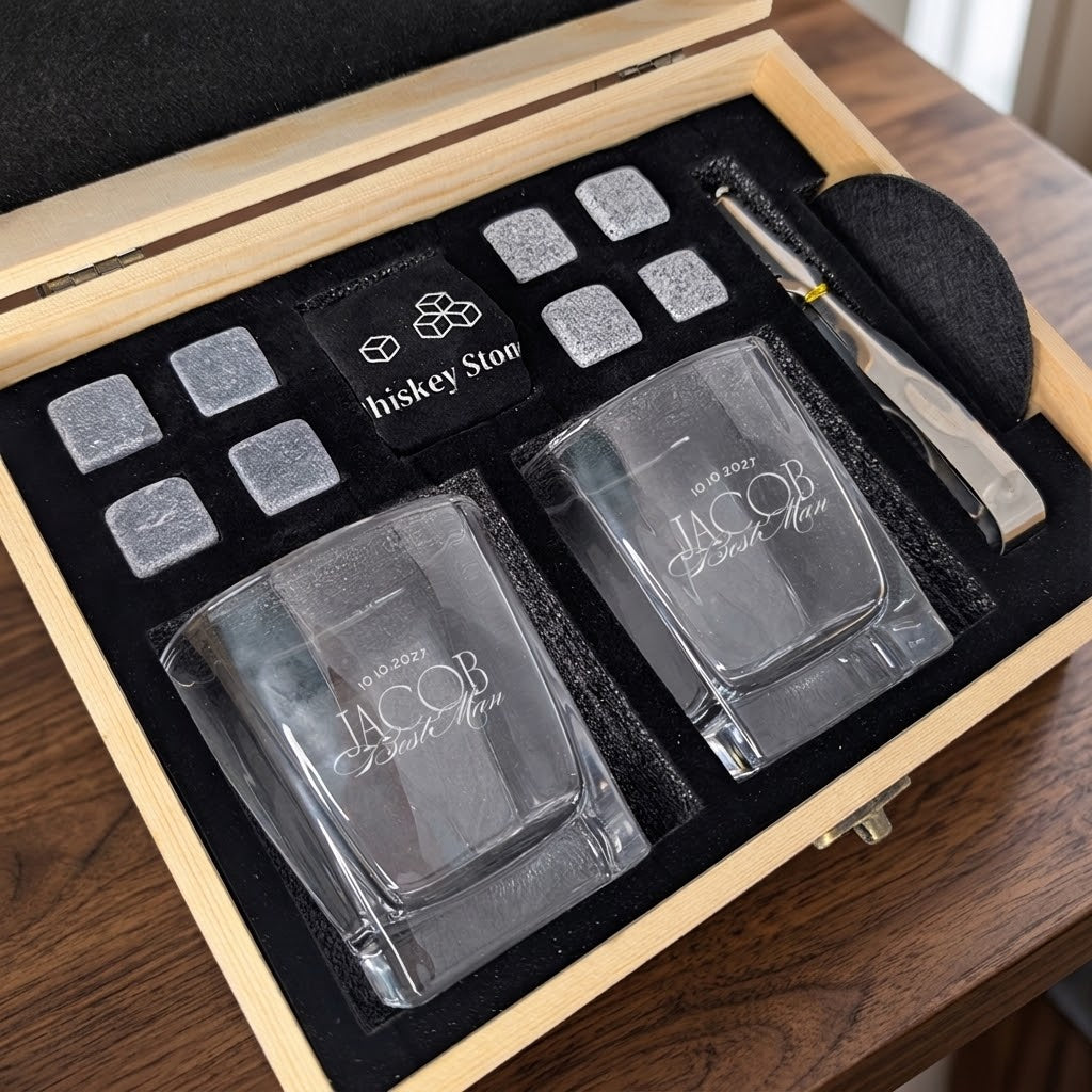 Engraved Whiskey Glass & Whiskey Stones Box Set