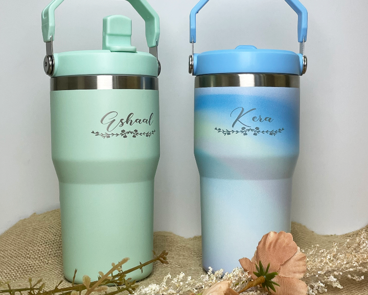 water bottle green and blue variant with engraving