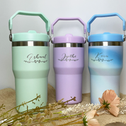 water bottle green, purple, and blue variant with engraving