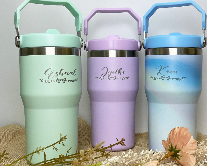 water bottle green, purple, and blue variant with engraving